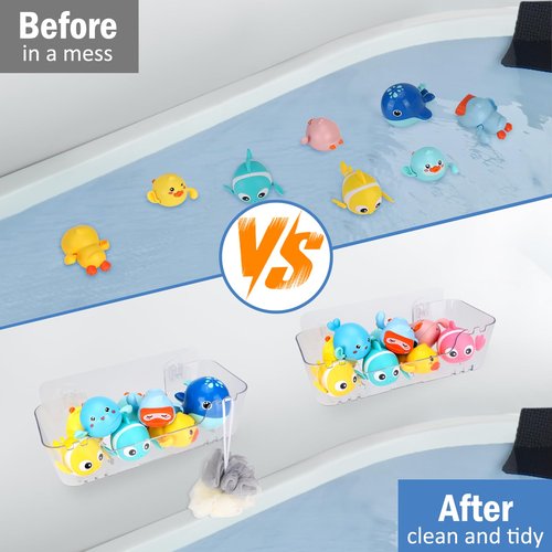 EEKEDO Bath Toy Storage Organizer 2 Pack Clear Bathtub Toy Storage Holder Large Capacity Shower Caddy Wall Mounted Shower Organizer No Drill for Bathroom, Quick-Dry, Easy to Clean and Install