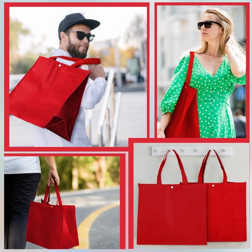 Zhehao 60 Pcs Reusable Grocery Bags Bulk Large Foldable Shopping Tote Bags Non Woven with Handle and Plastic Button(Red)