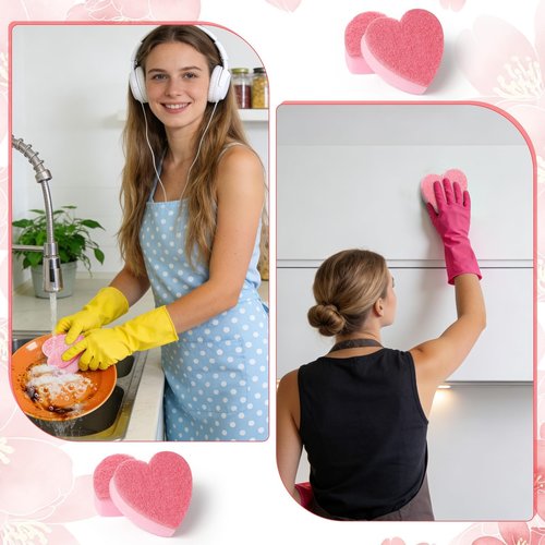 ARCTURINE 12 Pack Heart-Shaped Scrub Sponges Valentine’s Day Gift Dual-Sided Kitchen Scrubber for Sink, Plates, Glassware, Pots & Cookware, Cute Household Cleaning Sponge, Sweet Gift Idea (Pink)