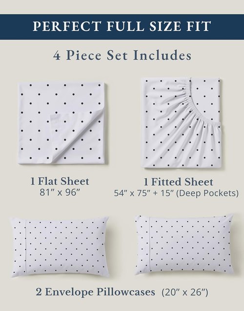 LANE LINEN 100% Organic Cotton Full Sheet Set - Soft, Comfy, Eco-Friendly Percale Bedding | Polka Dot Design