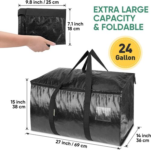 BALEINE Oversized Moving Bags - Heavy-Duty Storage Totes with Reinforced Handles | Black, 4-Pack
