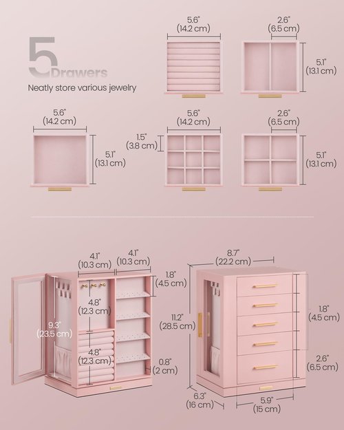 SONGMICS Jewelry Box 360° Rotating, Jewelry Storage Case with 5 Drawers, Jewelry Organizer, Glass Window, Spacious, Vertical Jewelry Storage, Open Design, Great Gift, Jelly Pink UJBC170R01