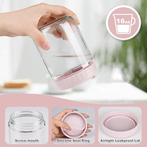 SHOWIN Overnight Oats Containers with Lids, 16oz Glass Jars with Lids 4 pcs, Wide Mouth Mason jars for Salad, Yogurt, Snacks, Meal Prep