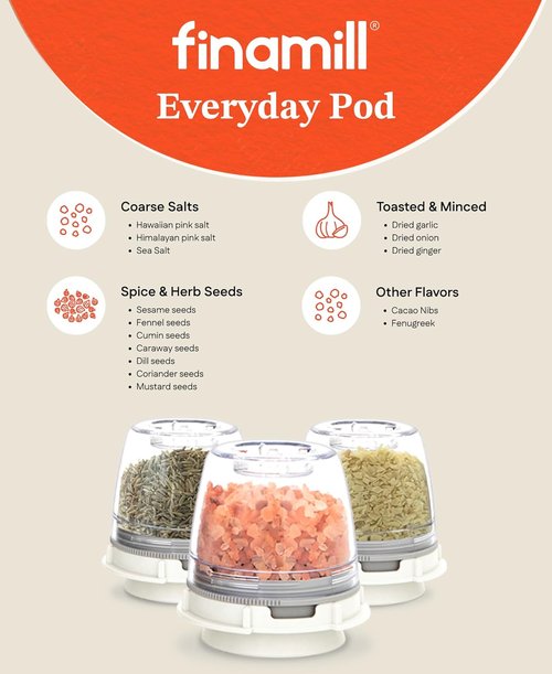 FinaMill Classic Battery Spice Mill - Battery Operated Salt & Pepper Grinder Set with 2 Pods & LED Light