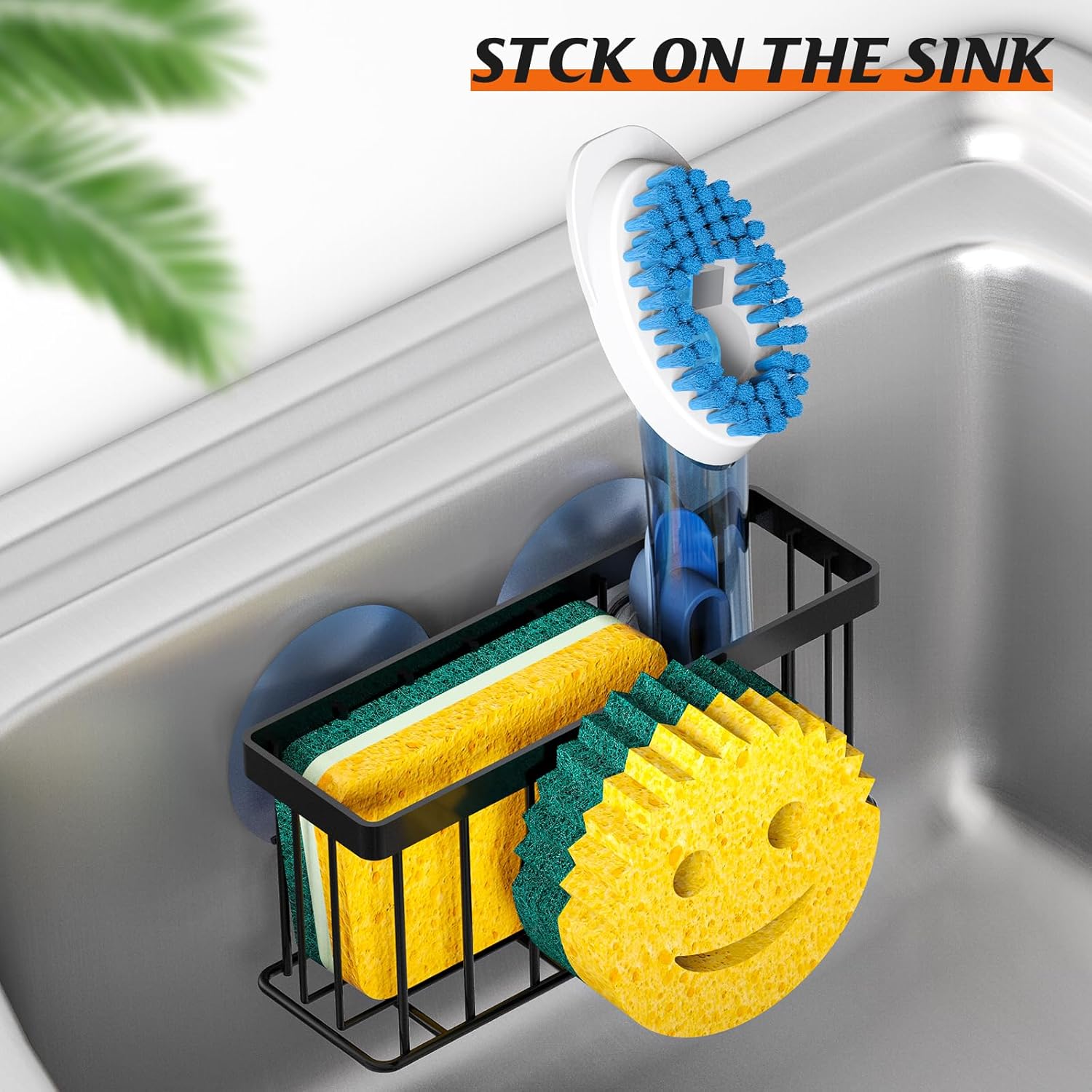 MURLONG Sponge Holder - Smiley Face Kitchen Organizer with Suction Cups & Adhesive Strips | Black