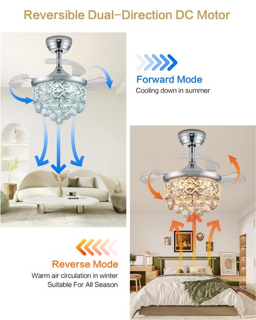 Fejanical 30" Dimmable fandelier Ceiling Fan with Light, Retractable Chandeliers Ceiling Fans with Lights, Crystal Fandeliers with Lights and Remote for Bedroom Living Room, Chrome