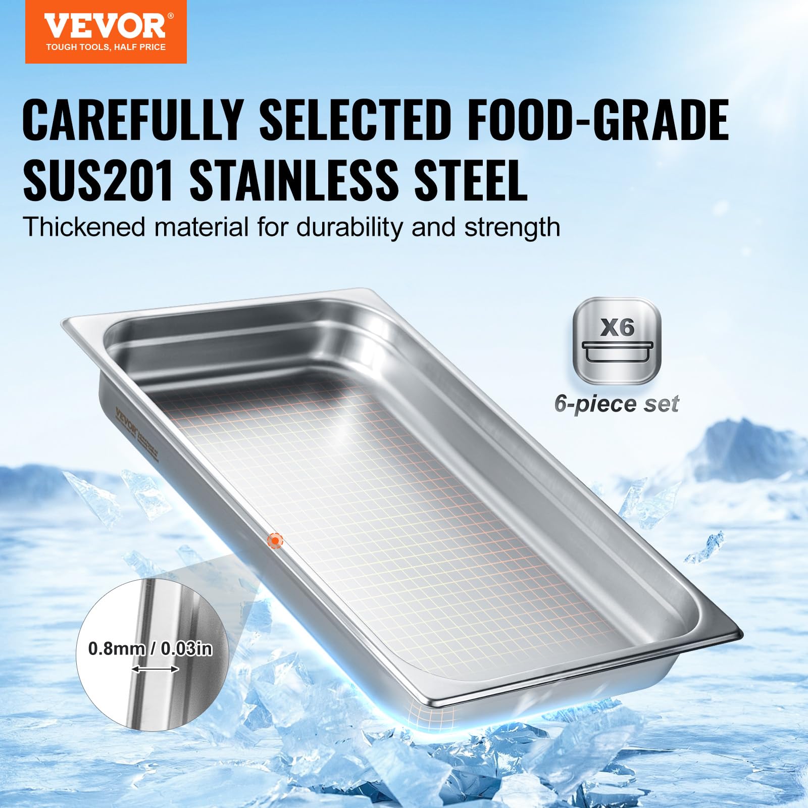 VEVOR 6 Pack Stainless Steel Hotel Pans,2.5-Inch Deep 0.8mm Thick Commercial Food Pans, Anti-Jam Catering Trays for Steam Tables, for Home, Party, Restaurant, Hotel, Buffet