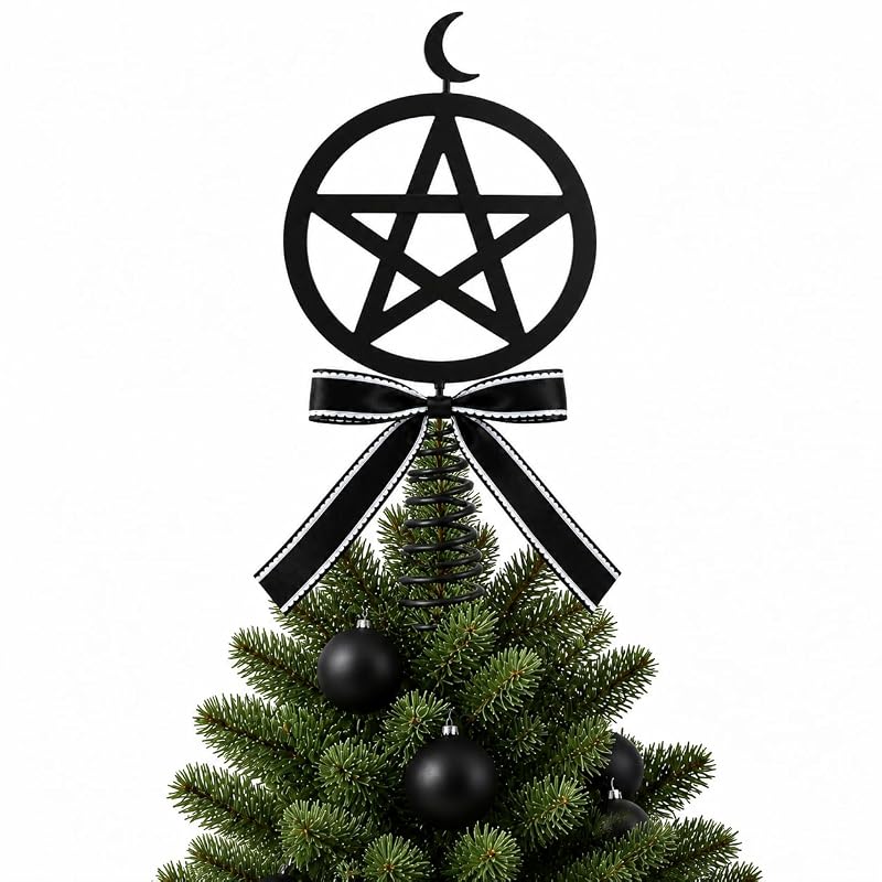 14 Inch Black Gothic Pentagram Tree Topper with Crescent Moon and Bow