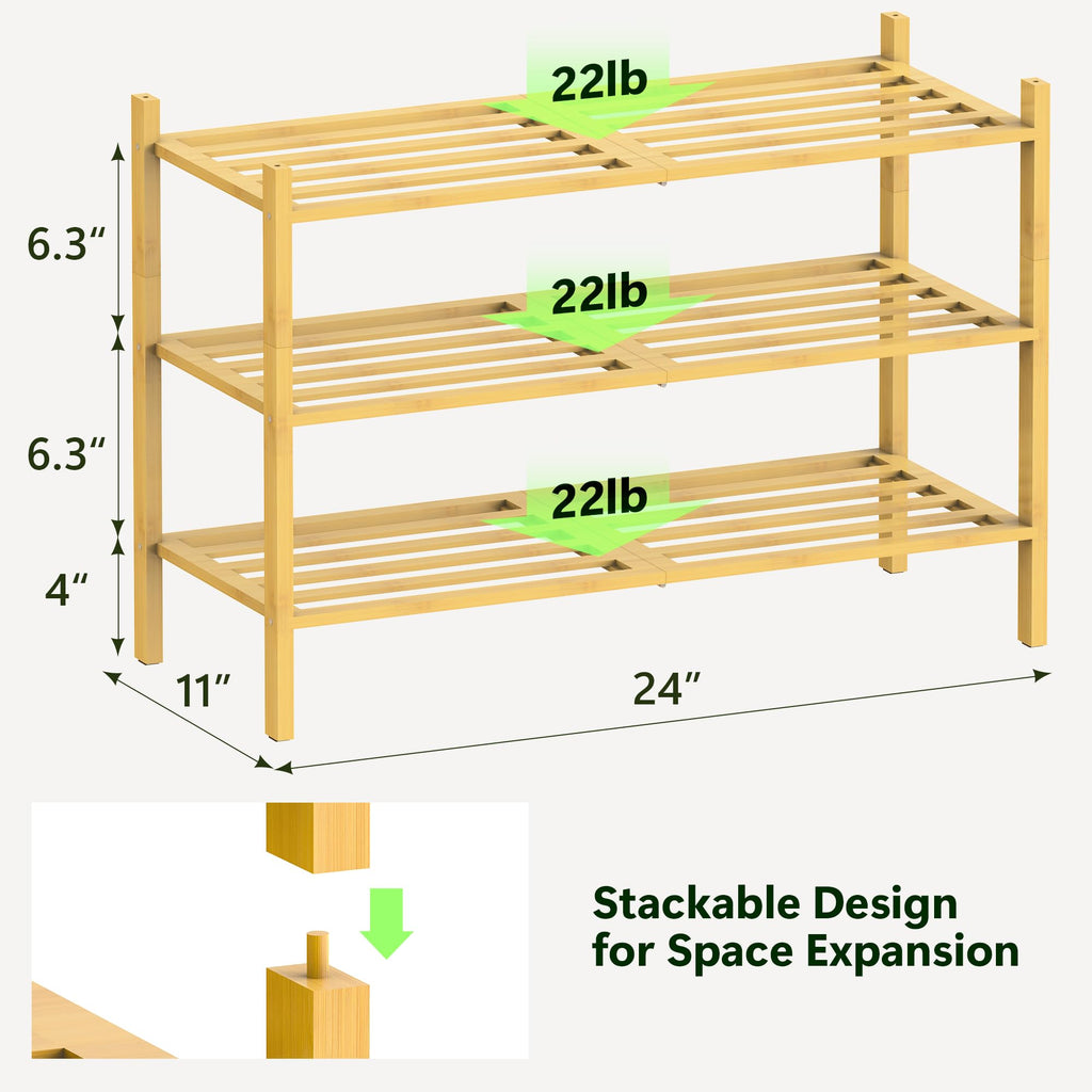 Toolola Bamboo Shoe Rack for Closet 3 Tier, Durable Wooden Shoe Rack, Space-Saving Stackable Shoe Organizer for Entryway, Dorm, Garage, Natural