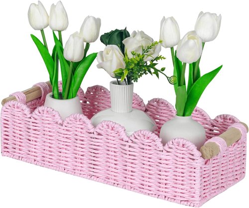 CubesLand Gift Basket - Scalloped Edge Pink Woven Storage Basket with 2 Wooden Handles | Small Decor Solution