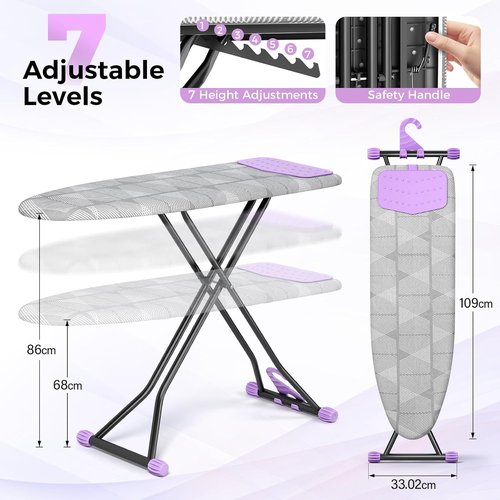 KINGBOARD Compact Ironing Board - Heat Resistant Cover & Silicon Iron Mat | 7 Height Adjustable, 13x43 Grey