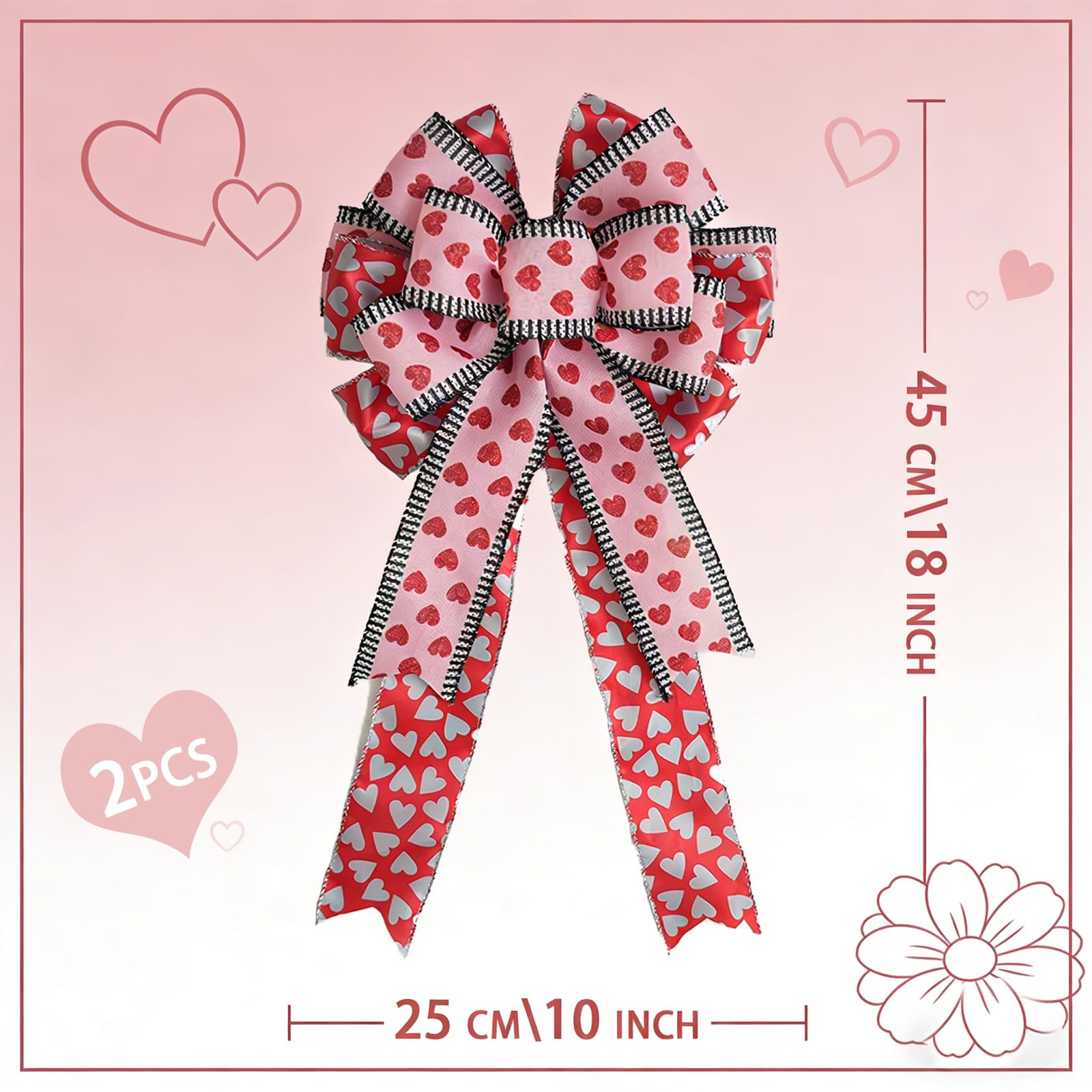 idyllic 18x10 Inch 2 Pcs Valentine's Day Pink Bow with Heart Print, Decor for Wreath Mantel Wall Window for Valentine's Day Wedding Anniversary Candlelight Dinner Home Decor Gift