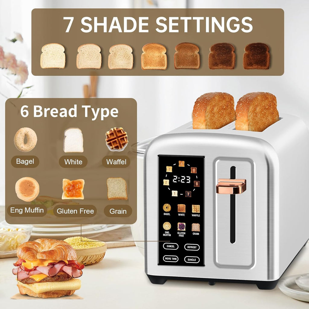 SEEDEEM 2-Slice Toaster - Touch Screen LCD Display, Fast Heating, Stainless Steel, 1.5" Wide Slots, Silver