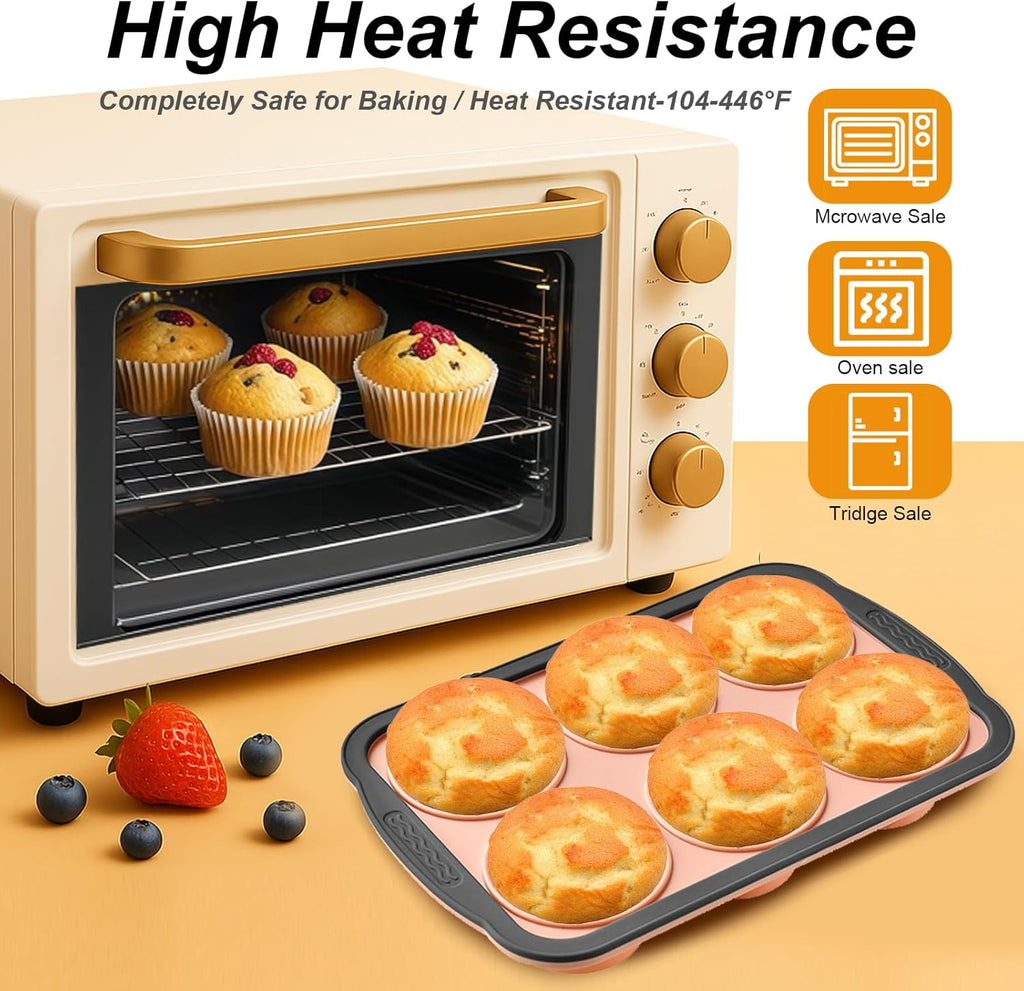 Skiennix Silicone Muffin Pans - Nonstick 6-Cup Baking Tray with Metal Frame | BPA-Free, Dishwasher Safe, Pink