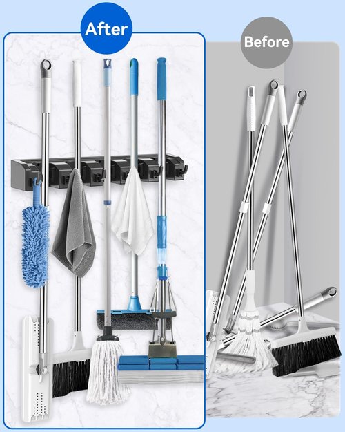 AceMining Broom Holder - Wall Mounted Storage with 5 Holders & 6 Hooks | Durable ABS Plastic, Black
