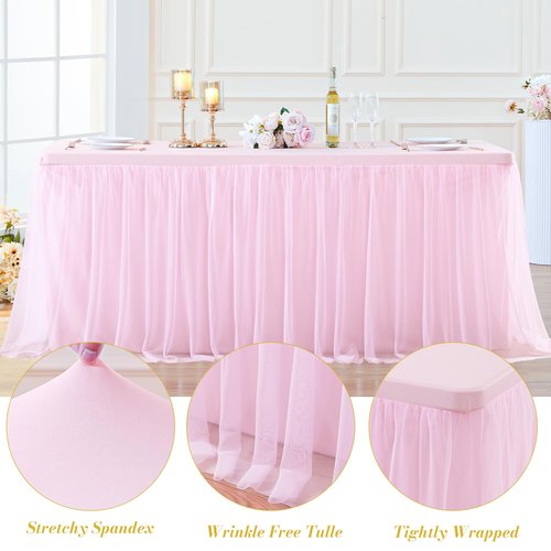 4 Pack Pink Table Cloth for 6 Foot Rectangle Tables, Pink Stretch Fitted Tulle Table Covers Skirt, Rectangular Ruffle Tutu Tablecloth Wedding Banquet Baby Shower Cake Tablecloths Decorations