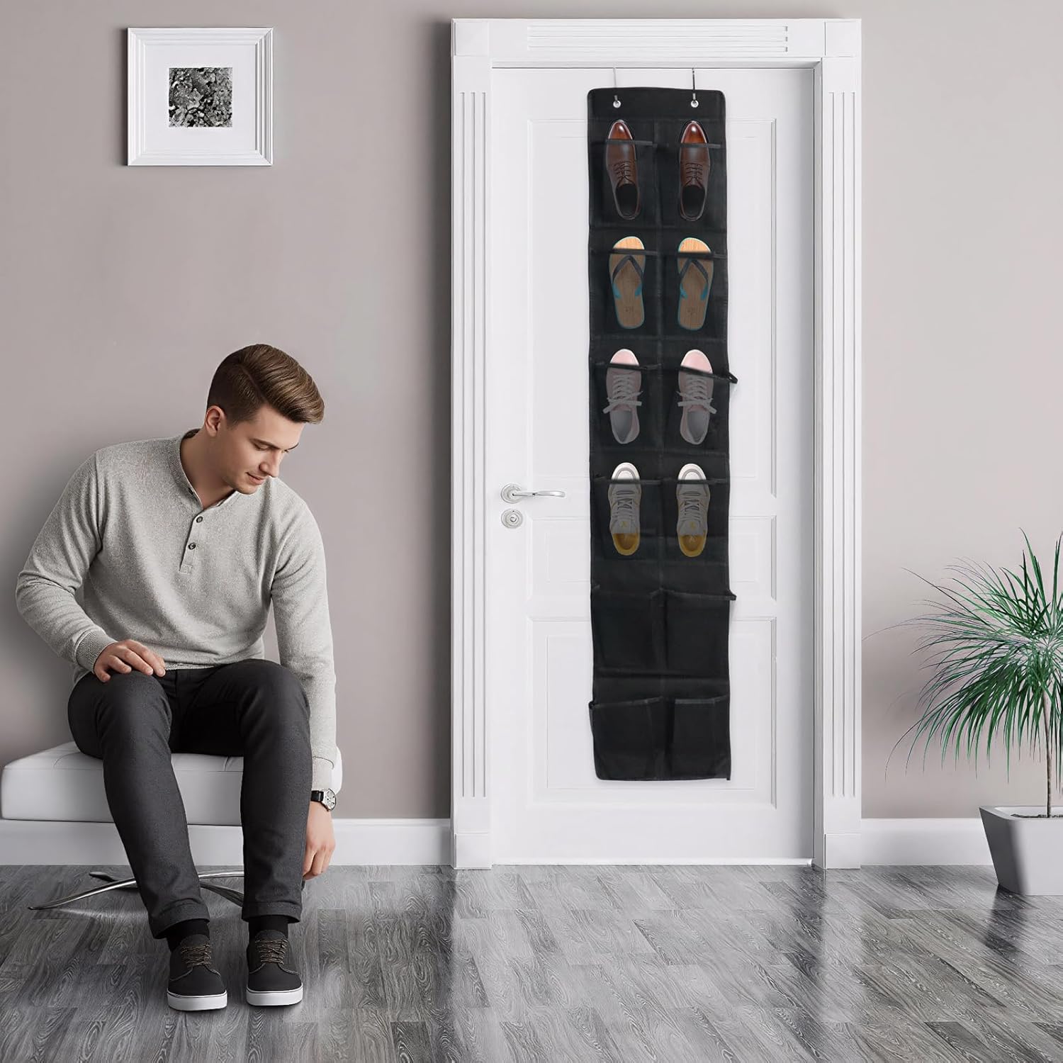 Over The Door Shoe Organizer - 12 Mesh Pockets With 4 Metal Hooks | Stylish Black Design