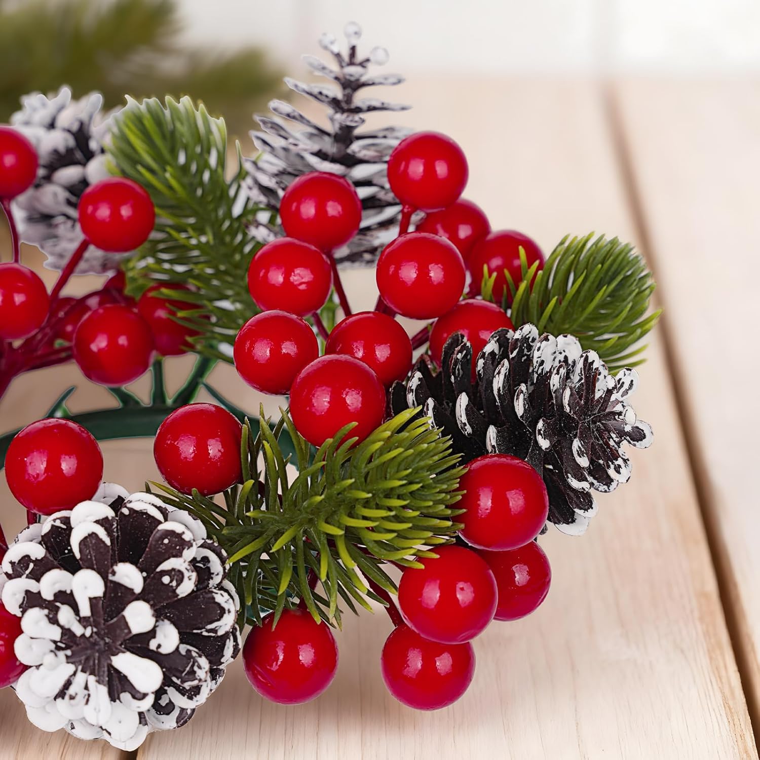 Skiennix Christmas Candle Rings - 6Pcs Artificial Pine Cones & Red Berries for Pillar Holders | Festive Table Centerpiece