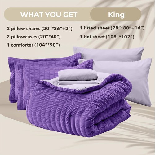 HYMOKEGE King Size Comforter Set - Dark Purple & Lavender Seersucker | 7-Piece All-Season Luxury Bedding Set