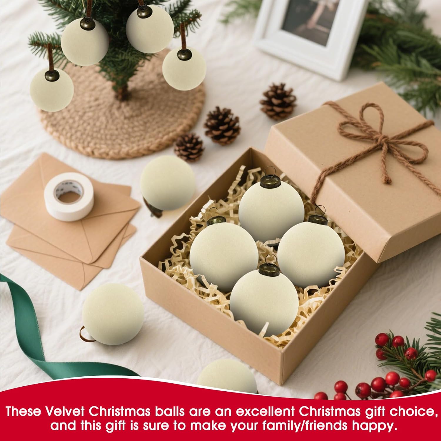 Skiennix Velvet Christmas Balls - 15 Pcs Shatterproof Ornaments | 3.15" Cream White Flocked Decor