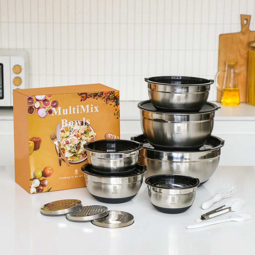 ROYDX Stainless Steel Mixing Bowls With BPA Free Airtight Lids &3 Grater Attachments,Non-Slip Bottoms- 33% Thick Metal Nesting Bowls for Mixing & Serving