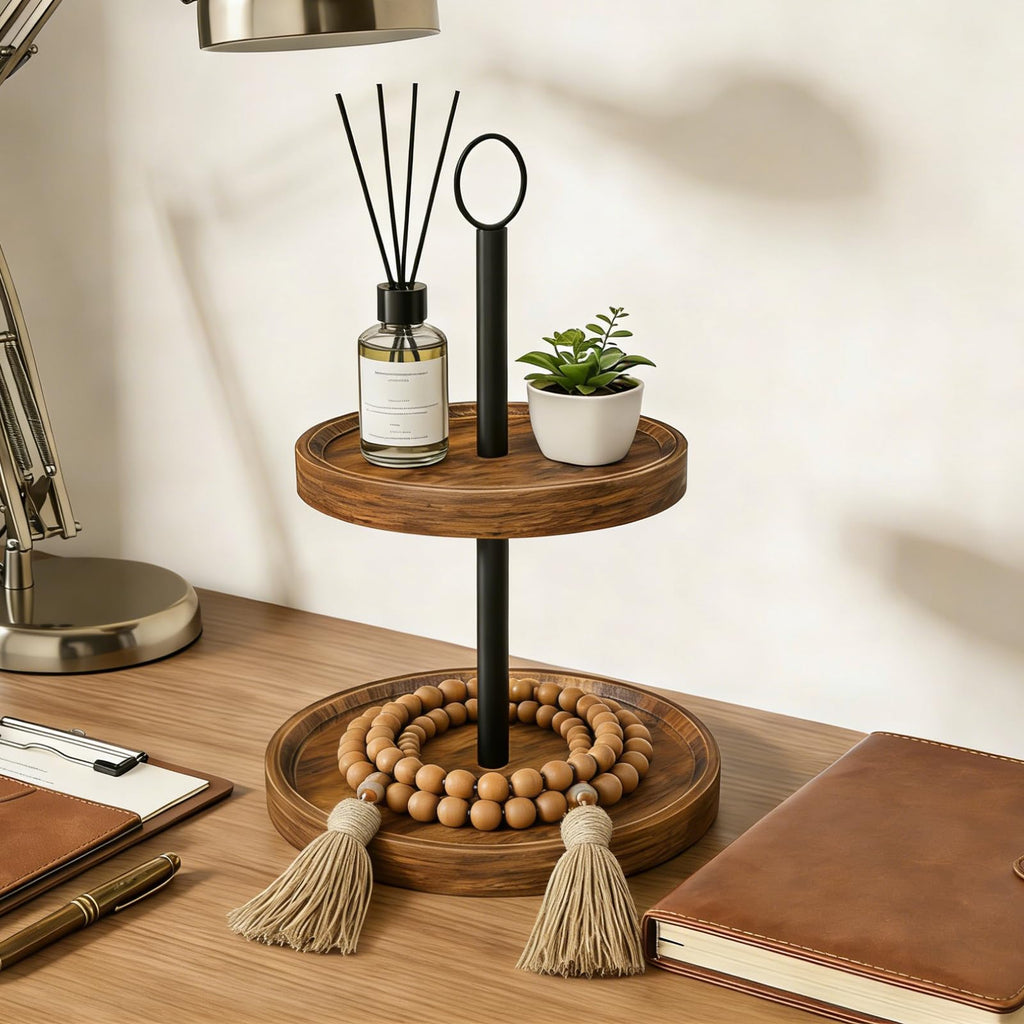 Tiered Tray Stand, Rustic Two Tier Decorative Tray with Metal Handle, Farmhouse 2 Tier Serving Tray, Round Cake Cupcake Stand for Coffee Bar Home Party Decor Holiday Housewarming Gifts(1-Pack)
