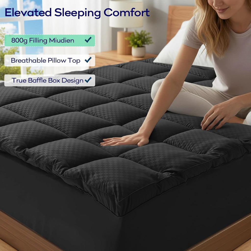 OLANLY Memory Foam Mattress Topper - 4 Inch Queen Size with Cooling Pillow Top & Gel Foam - Black