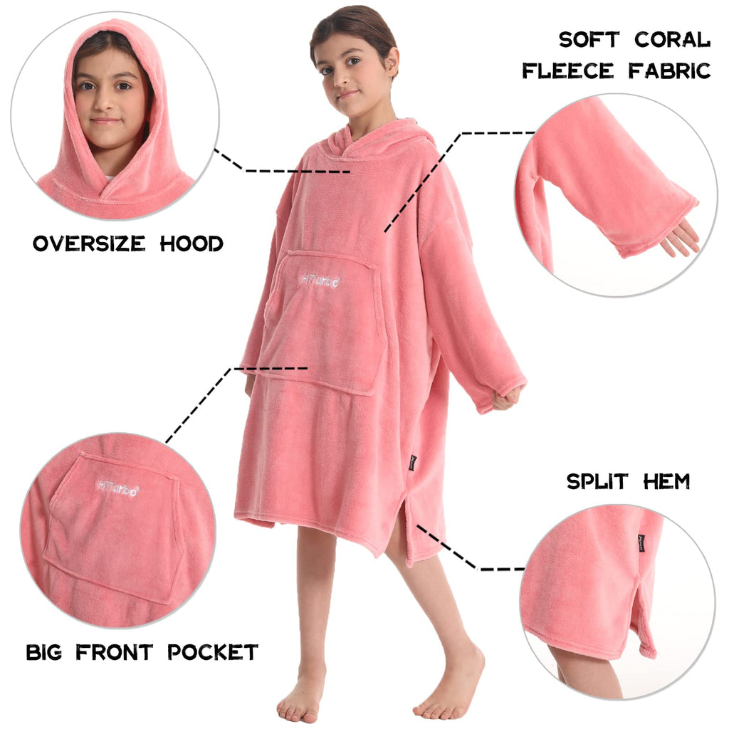 Hiturbo Kids Towel Changing Robe: Soft Plush Wearable Blanket - Warm Coral Fleece Hoodie - Swim Surf Poncho for 5-12 Years (Pink)