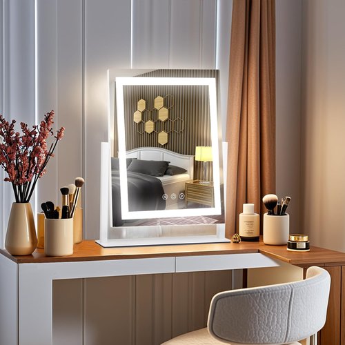 homtang Lighted Makeup Mirror with Smart Touch, 3 Color Modes & Stepless Dimming, for Desk Bedroom Dressing Room, LED Vanity Mirror 13.2" H x 11.2" W