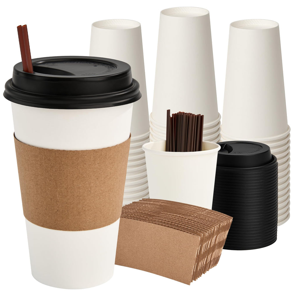 RACETOP 16 oz 100 Pack Disposable Paper Coffee Cups with Lids, Sleeves and Stirrers, Hot Cups, Paper Cups with Lids, Sleeves and Stirrers, Ideal for Home/Office