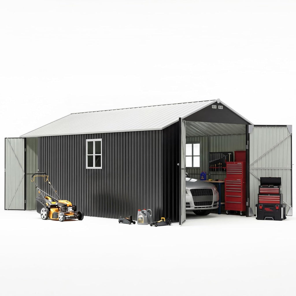 Patiowell 12x20 FT Outdoor Storage Shed - Large Metal Garden Shed with Lockable Doors & Vents | Waterproof Black Design