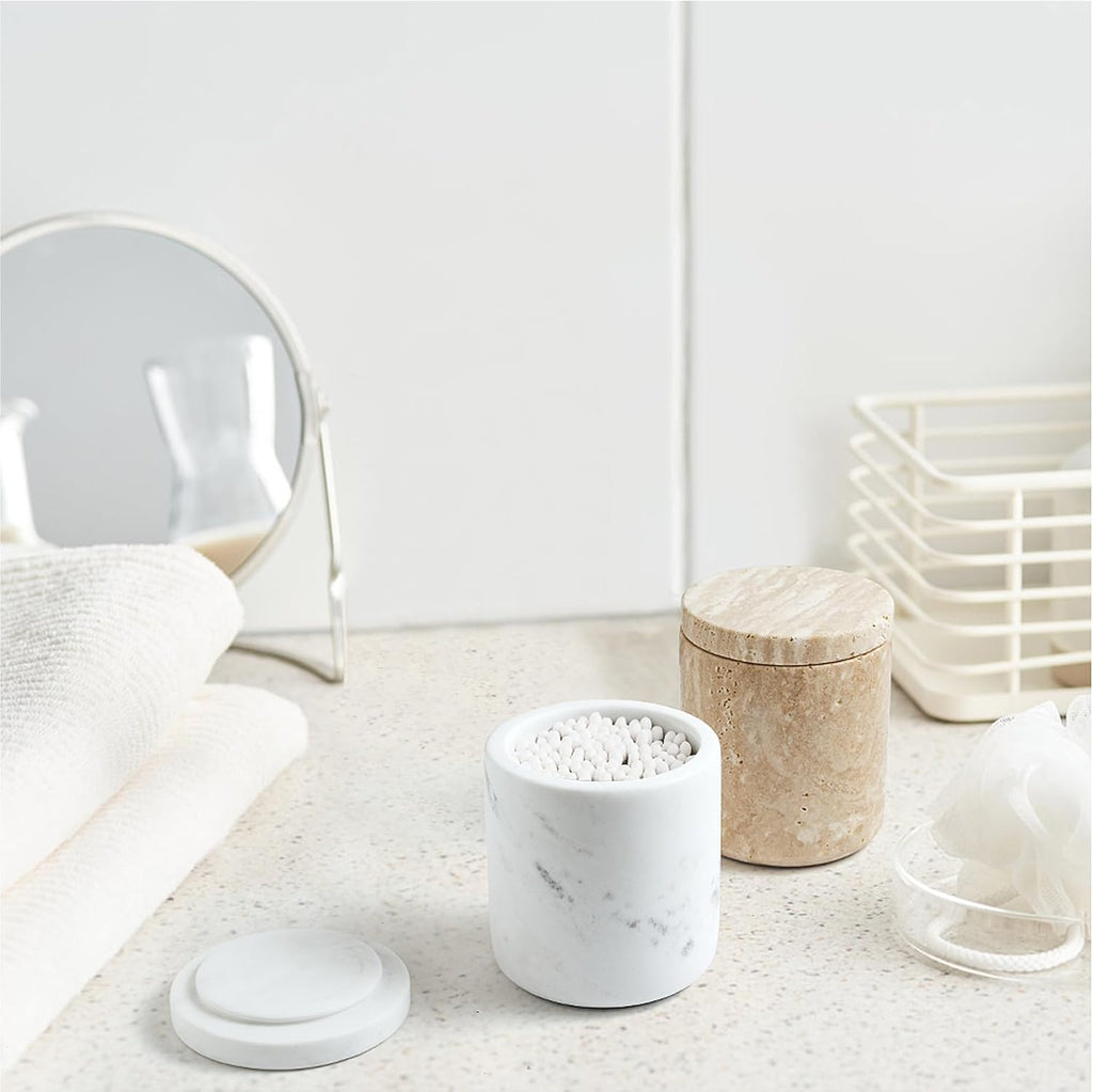 WORHE Travertine Qtip Holder Dispenser - Large Capacity Marble Jar for Bathroom Essentials | Beige