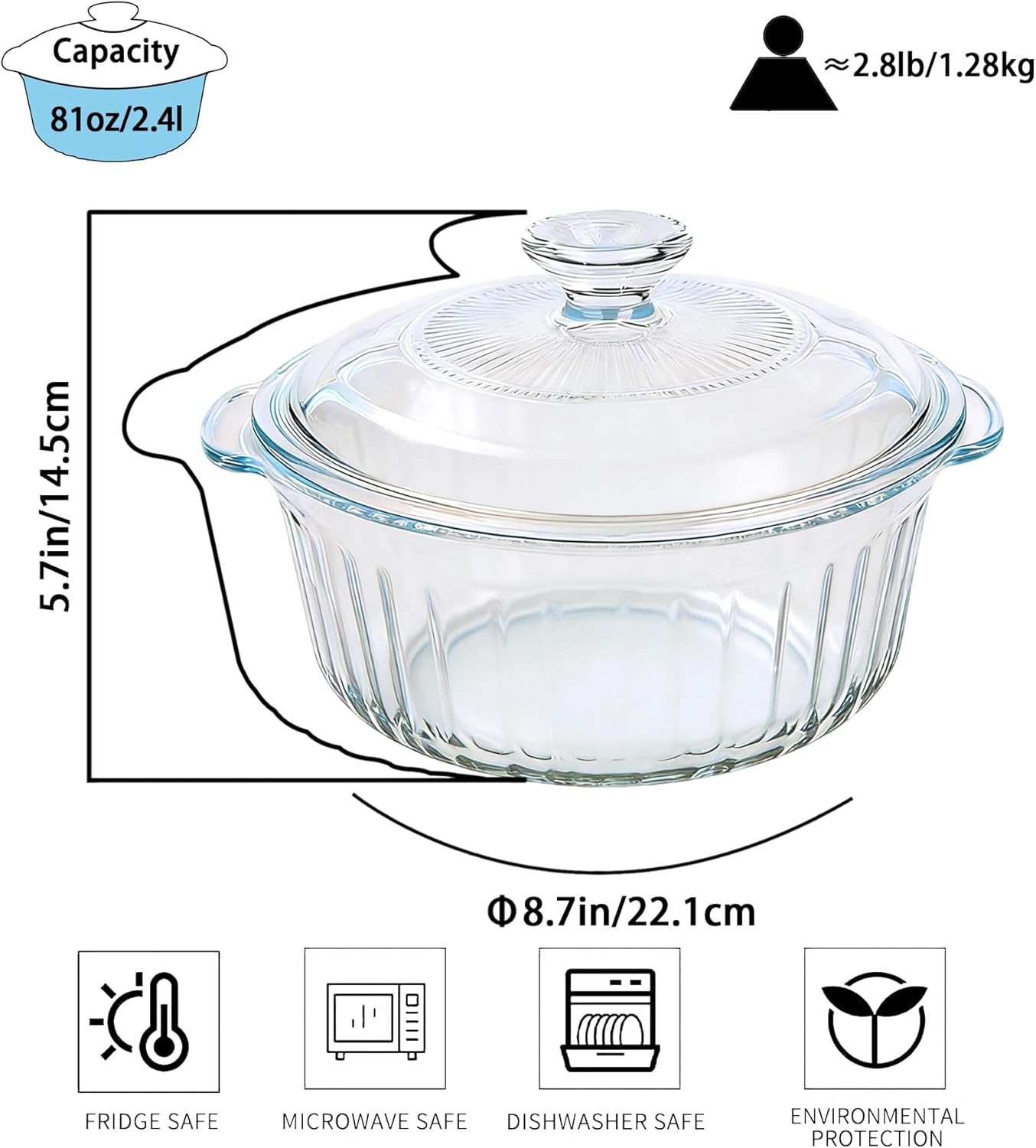 Round Glass Casserole Dish With Lid - 2.4QT Borosilicate Oven Baking Dish | Clear Cookware for Cooking & Serving