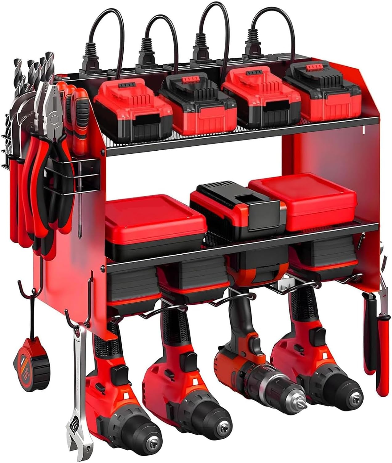 Power Tool Organizer - Heavy Duty Wall Mount Storage Rack with Charging Station | 3 Layers, 4 Drill Holders