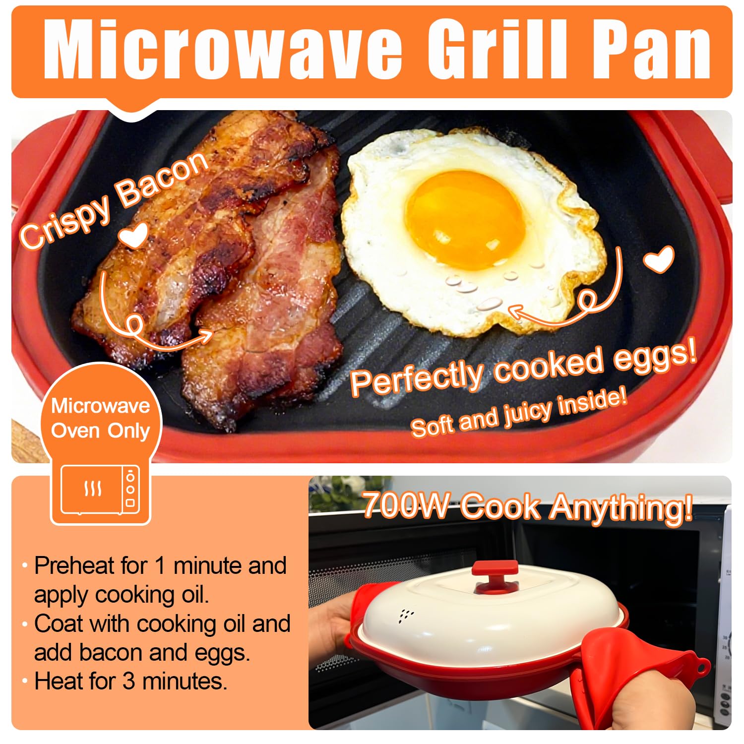 Microwave Grill Pan with Cover, Microwave Cookware Multi-Use for Grilling, Frying, Browning and Crisping, Microwave Bacon Cooker, Omelette Maker, Omelette Pan, Quesadilla Maker, Easy to Clean (Red)