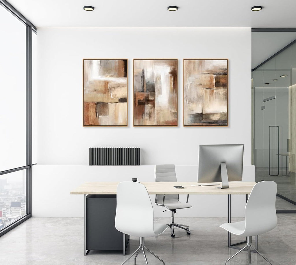 Skiennix Large Framed Canvas Wall Art - Brown Abstract Paintings for Living Room Decor | Set of 3 (48" x 24")