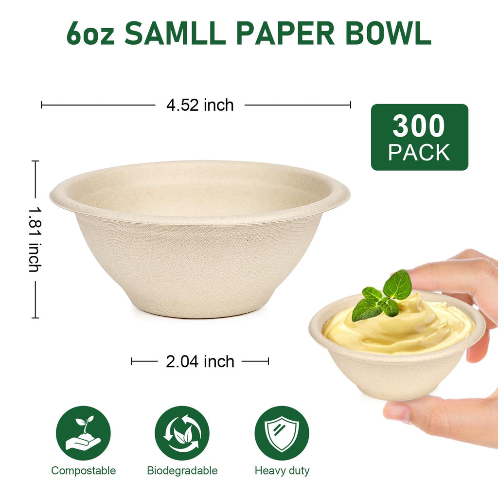 Bionutrio 6 oz Small Disposable Bowls, 300 Pack Bulk Paper Bowls for Chili, Sauce, Cereal, Compostable Eco-Friendly Bagasse Bowl, Microwavable, Leak-Proof, Sturdy
