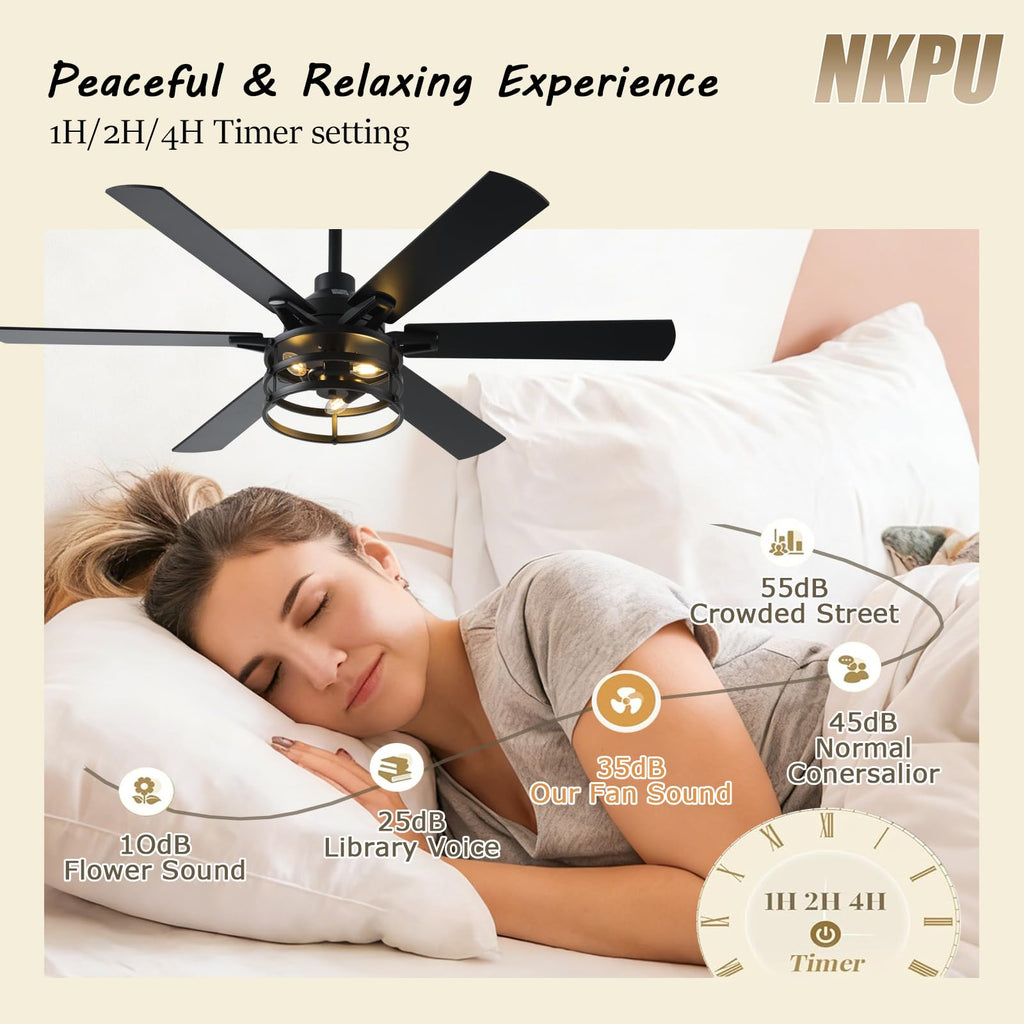 NKPU 52 Inch Farmhouse Ceiling Fan with Light and Remote, Black Industrial Caged Rustic Ceiling Fan with 6 Speed Reversible Motor and Dual Finish 6 Blades, Rustic Ceiling Fan for Living