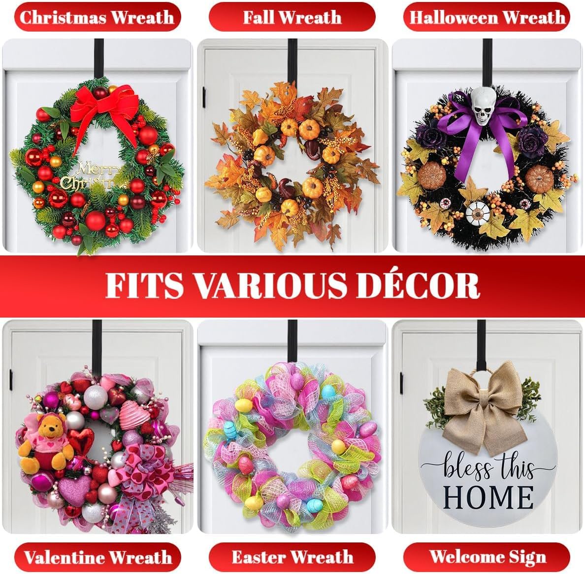 Metal Wreath Hanger - Adjustable Over-the-Door Hook | Heavy Duty, Holds Up to 20 lbs, 12-20”