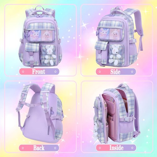 NSEQB Girls Backpack Set With Lunch Bag and Multi-Compartment Pencil Case,Cute Girls School Backpack For Kids,Childrens Schoolbag For Kindergarten Elementary Primary（Purple-3PCS）