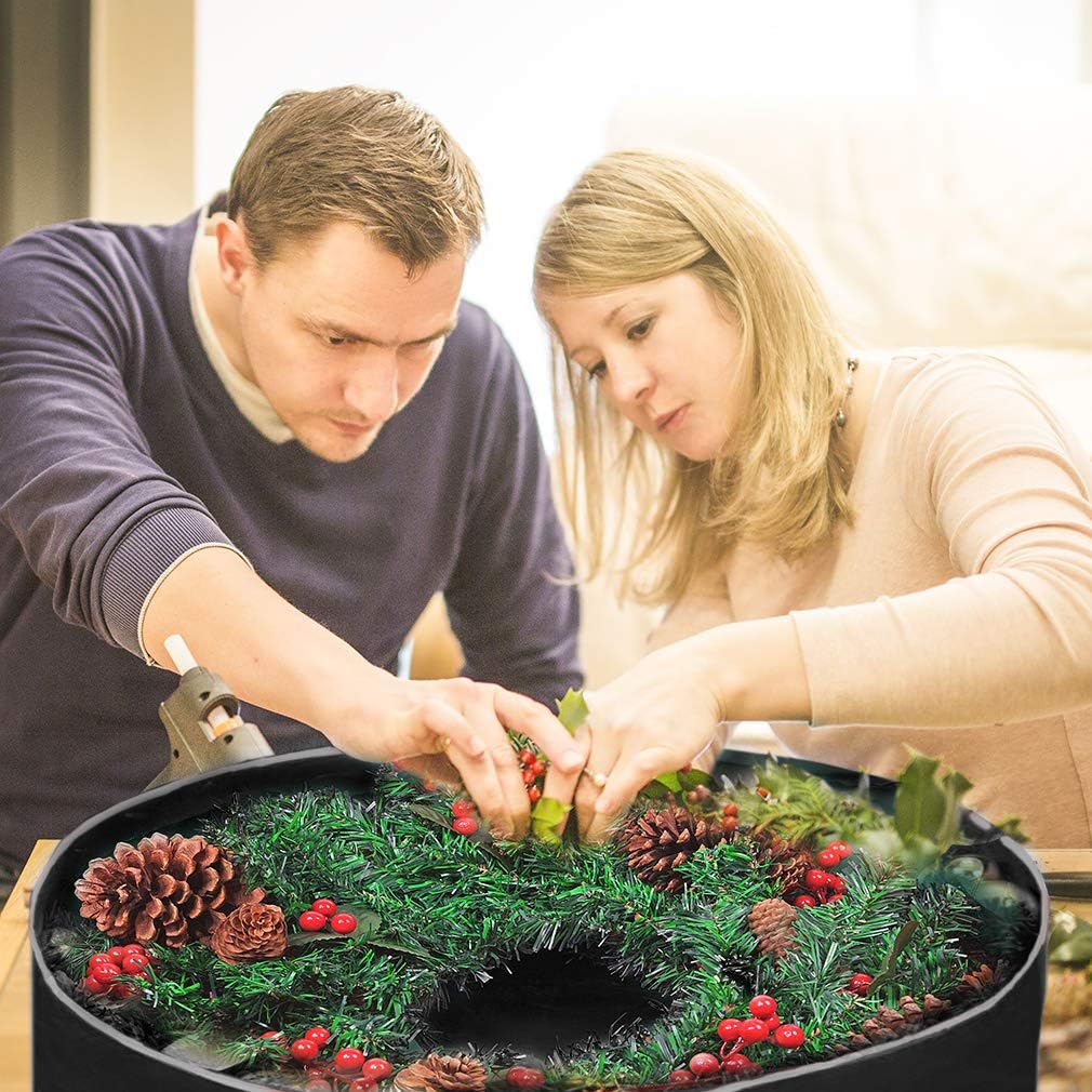 Primode Christmas Wreath Storage Bag - 24" Artificial Wreath Container with Dual Zipper & Sturdy Handles | Black, 2-Pack