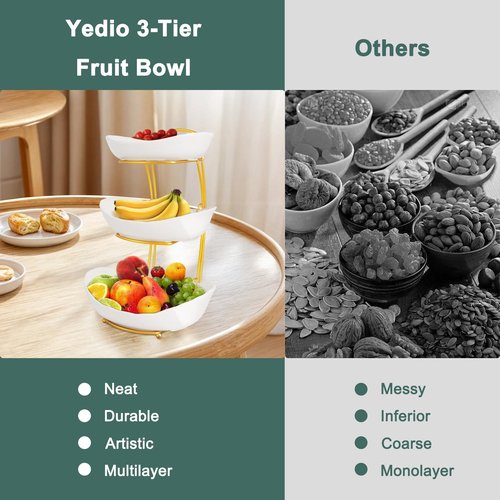 KXSGKRR 3 Tier Fruit Bowls for Kitchen Counter, White Ceramic Serving Bowls with Gold Metal Stand, Tiered Fruit Basket Display Rack for Fruits Vegetable Snack Nuts Cake Dessert Storage