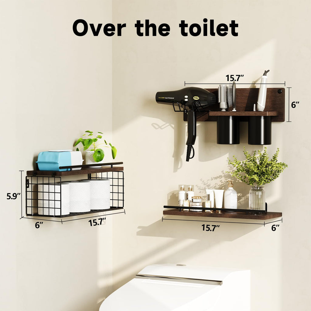 RoleDes Hair Tool Organizer Wall Mounted Set of 3 - Bathroom Floating Shelves with Blow Dryer Holder and Curling Iron Storage, Hair Dryer Hanger for Bathroom Wall, Modern Farmhouse Above Toilet Shelf
