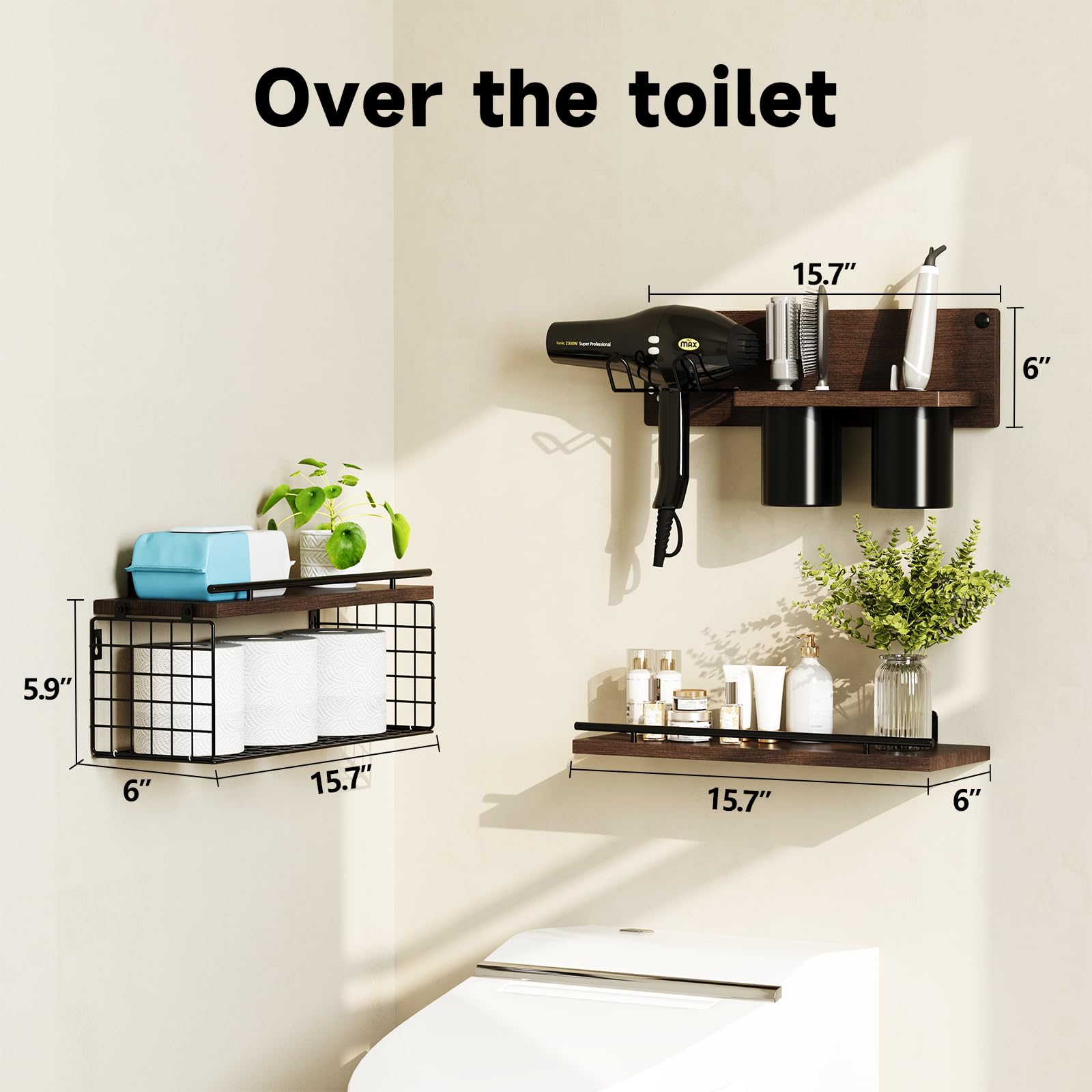 RoleDes Hair Tool Organizer Wall Mounted Set of 3 - Bathroom Floating Shelves with Blow Dryer Holder and Curling Iron Storage, Hair Dryer Hanger for Bathroom Wall, Modern Farmhouse Above Toilet Shelf