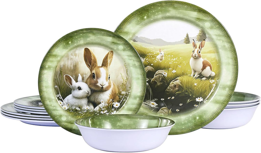 Skiennix 12-Piece Melamine Dinnerware Set - Lightweight Shatterproof Plates & Bowls for 4 | Green Bunny Design, Ideal for Picnics & Outdoor Parties
