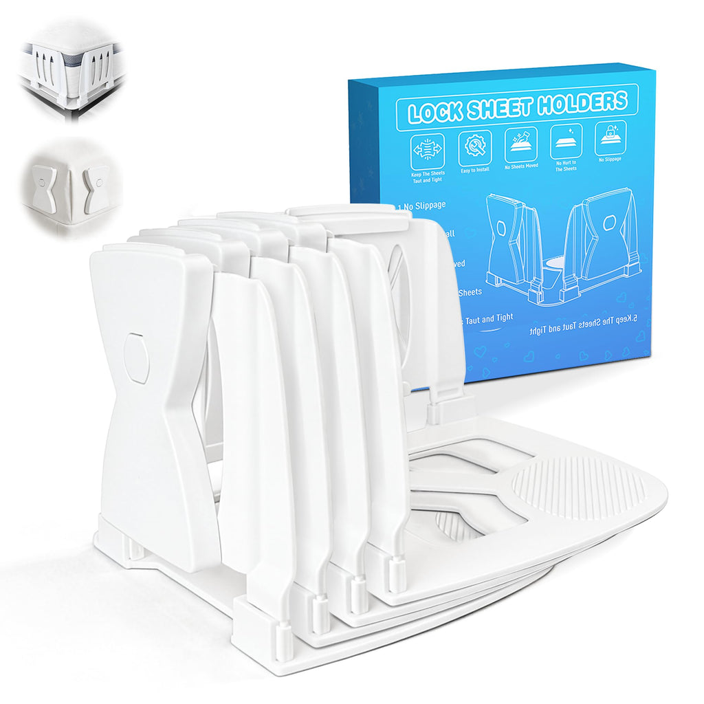 QWUE Bed Sheet Holders for Corners, Upgrade Dual-side Locks Keep Firm & Tight, Lock Sheets Holders, Non-slip Sheets Grippers, Heavy Duty Bed Sheet Clips Fits All Mattress Sizes Easy Install