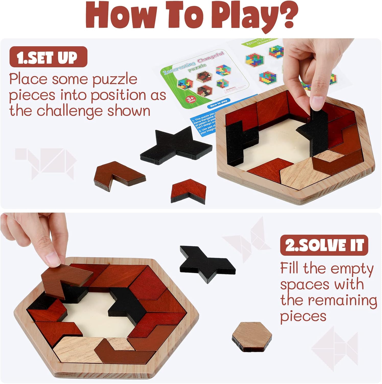 Yunsailing Large Hexagon Tangram Puzzle - 3 Pack Wooden Brain Teasers for Adults | Vintage Design