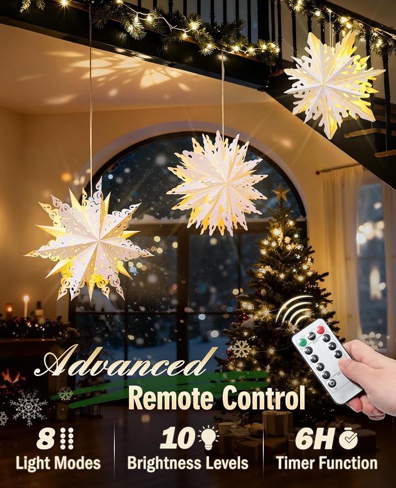 3 Pack 17.7in Paper Snowflake Lanterns with Remote, Christmas String Lights
