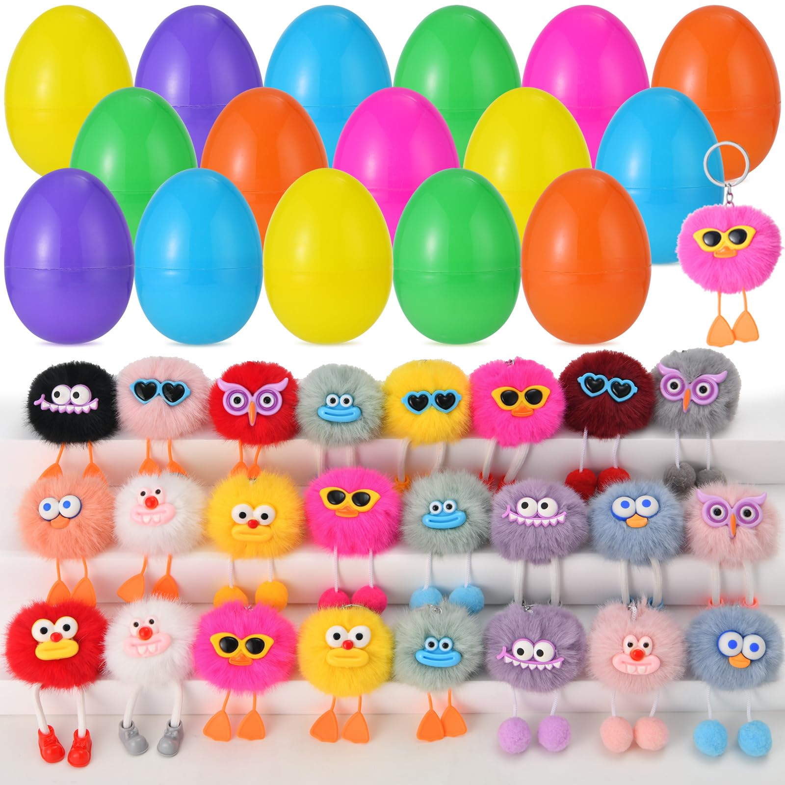 EFLSJIO 24 Pack Prefilled Easter Eggs with Kids Keychains Plush Toy Cute Keychains for Kid Boys Girls for Easter Egg Fillers, Easter Basket Stuffers Party Favor Gifts