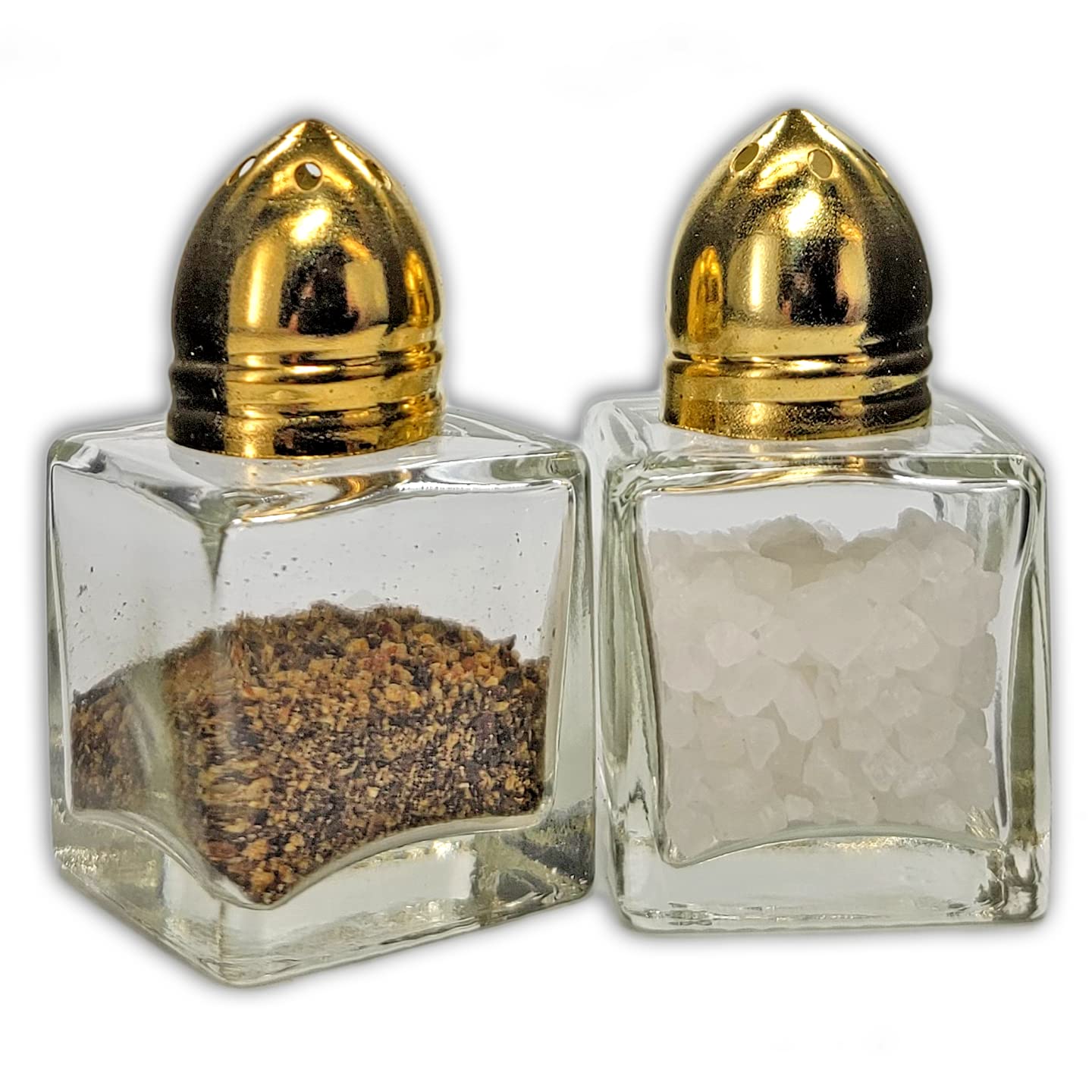 Pack of 2 Clear Glass Mini Cube Salt & Pepper Shakers with Gold-Tone Tops and BONUS Easy Fill Funnel by NetSellsIt